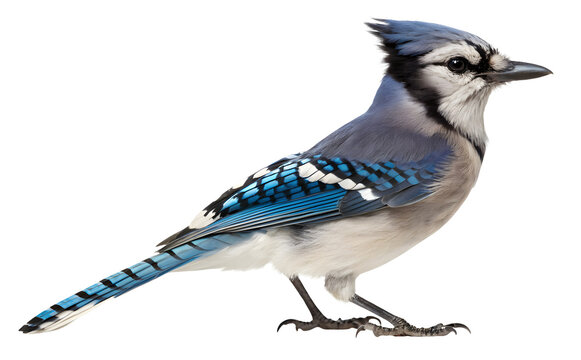 A blue jay bird, detailed view of its plumage, beak, and claws, isolated on white or transparent background