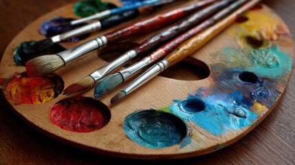Obraz premium Artist's Wooden Palette Loaded With Colorful Paints And Variety Of Brushes Ready For Creative Expression