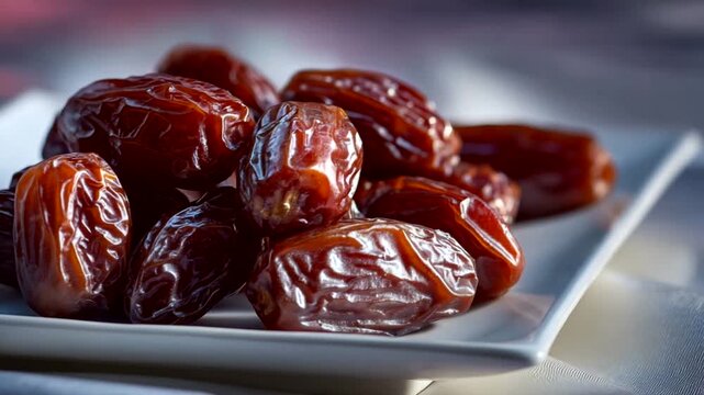 Fresh Medjool dates on a white plate, soft lighting