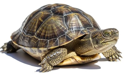 Fototapeta premium Detailed studio portrait of a common box turtle with a textured shell, showcasing its reptilian features against a clean white background