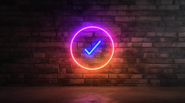 Neon Checkmark Circle: A vibrant neon sign displaying a blue checkmark inside a pink and orange circle glows against a rustic brick wall, symbolizing correctness and approval.