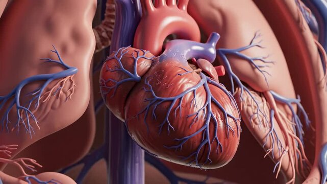 Detailed anatomical illustration of the human heart and surrounding vessels.