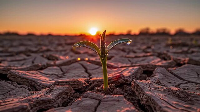 Resilient Plant Emerges from Cracked Earth at Sunset.
