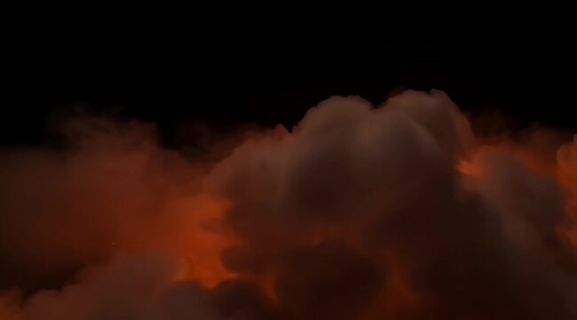 Dramatic rendering of glowing embers and billowing smoke against a stark black background