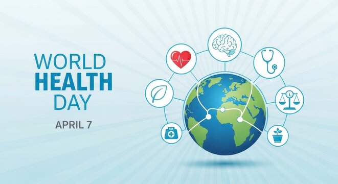 World health day celebration with global health icons and date