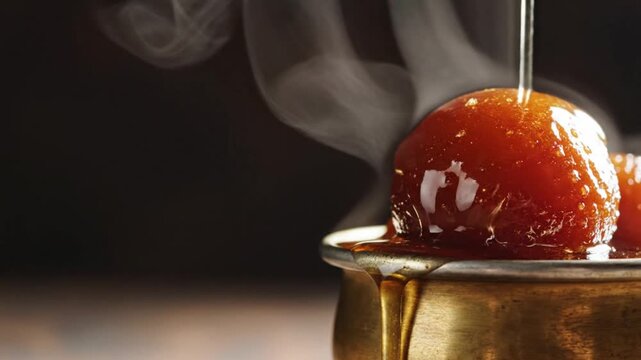 Authentic Gulab Jamun in Golden Syrup with Spoon, Classic Indian Festive Dessert in Rustic Metal Bowl
