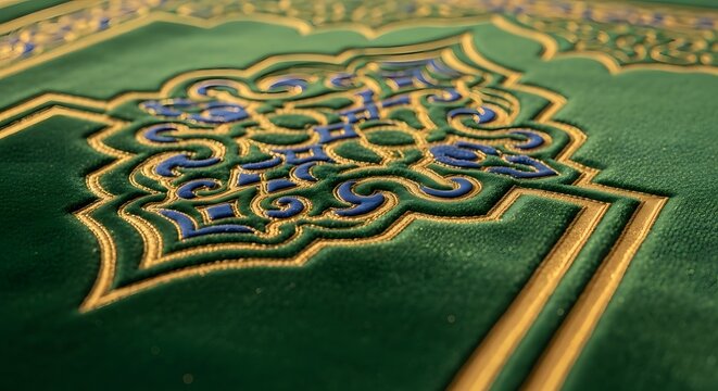 Macro Shot of Velvet Prayer Mat Sajadah with Intricate Pattern