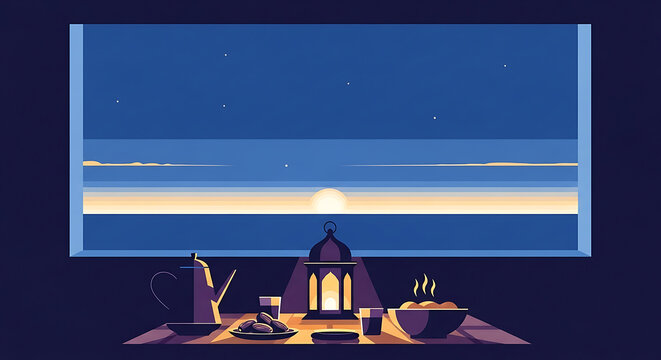 ramadan iftar meal setup with dates hot food and a traditional lantern by a window overlooking a serene sunset or dawn.