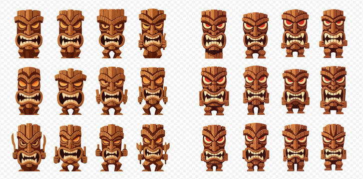 Set of various traditional Polynesian Tiki masks and totems with different expressions and designs.