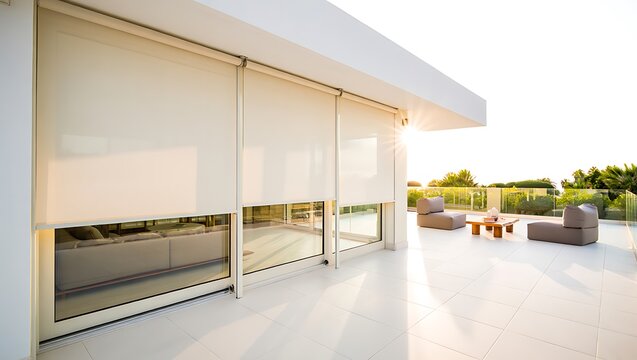 Modern residential house exterior with large glass windows and closed roller blinds, showcasing stylish facade, patio furniture, privacy, sun protection, and contemporary architectural design.