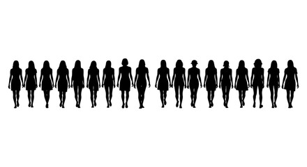 Naklejka premium silhouettes of diverse women walking together in a uniform line on a plain white background symbolizing unity and progress