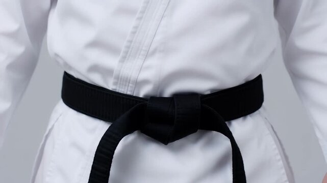 Martial artist with black belt showing commitment in training attire against a gray background