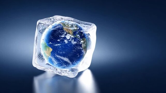 Earth in Ice: A stark visual metaphor of our planet encased within a block of ice, symbolizing the challenges of global warming, climate change, and the urgent need for environmental conservation.