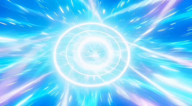 Abstract concentric circles of light, with blue and white streaks emanating outwards