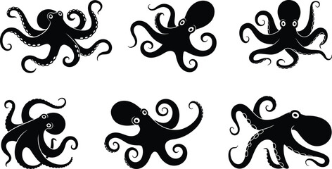 Stylized octopus silhouettes with unique tentacle shapes and expressive designs, marine wildlife black illustration collection for ocean projects © Mohammad