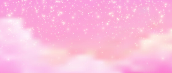 Pink glitter background with pastel clouds and sparkling stars creates a dreamy princess sky filled with magical unicorn fantasy and shimmering fairy dust effects. © Narin
