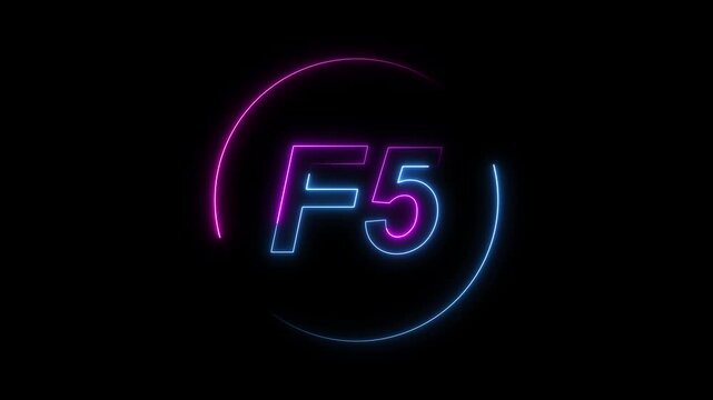 F5 Neon Sign With Blue And Pink Glow Within A Circular Frame On animated Black glowing light