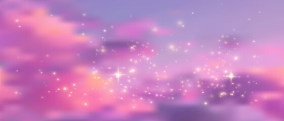 Pink sparkle sky backdrop with glittering stars and soft pastel clouds, ideal for dreamy unicorn designs, cute princess themes, or magical fantasy illustrations. © Narin
