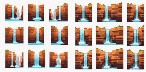 Set of cartoon waterfalls and cascades with rocky cliffs and flowing water, isolated vector elements for game design or animation. © ArtLuna Studio
