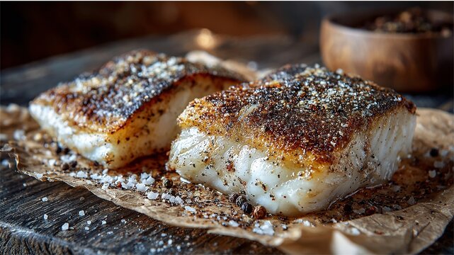 Delicious pan seared halibut fish fillets with spices on wooden board