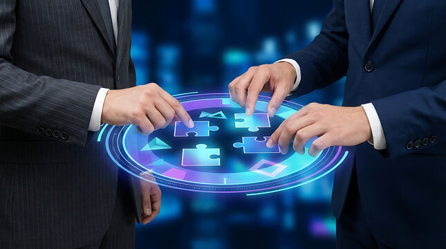 Businessmen collaborating on puzzle pieces in modern office setting