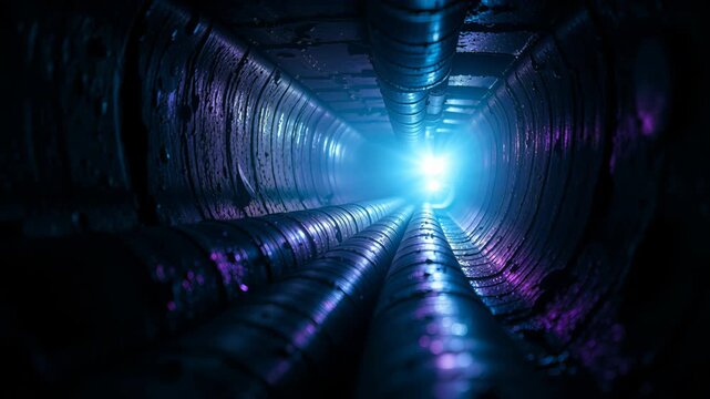 Mysterious tunnel with glowing light at the end showcasing intricate pipe structures and contrasting colors. Depth perception emphasizes dark and light elements, creating an intriguing visual.