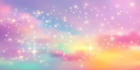 Fototapeta premium Magical rainbow cloud background with pastel gradient sky, shimmering glitter, and dreamy stars. Ideal for fairy tale designs, cute unicorn art, and fantasy princess illustrations.