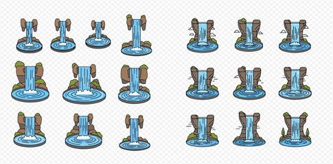 Set of cartoon waterfalls and cascades with rocks, water, and splashes for game design elements. © ArtLuna Studio