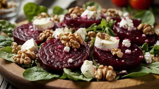 Gourmet beetroot salad with goat cheese and walnuts on a rustic wooden board.