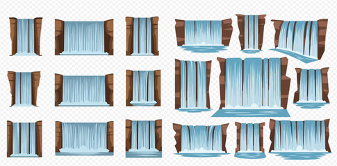 Set of cartoon waterfalls with various shapes and sizes, natural water cascades from mountain rocks. © ArtLuna Studio