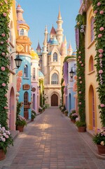 Colorful castle alleyway lined with flowers and vines under bright