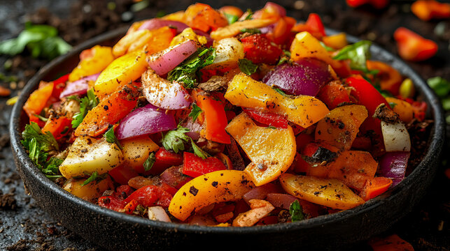 Vibrant and colorful medley of roasted vegetables, including red onion, bell peppers, potatoes, and tomatoes, seasoned with herbs and spices and served in rustic dark bowl on textured surface with sca