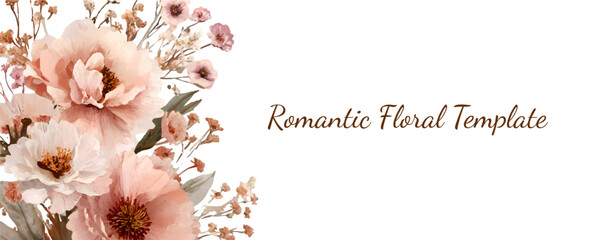 Watercolor floral design with delicate blush peonies and dried botanicals, creating a romantic vintage template for wedding invitations, greeting cards, or elegant branding © Narin