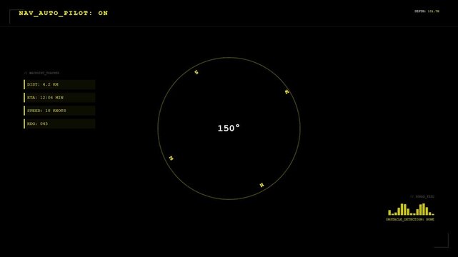 Autonomous Ship Navigation Display with Radar, GPS Waypoint Tracker, and Sonar Feed on Modern Marine Bridge.