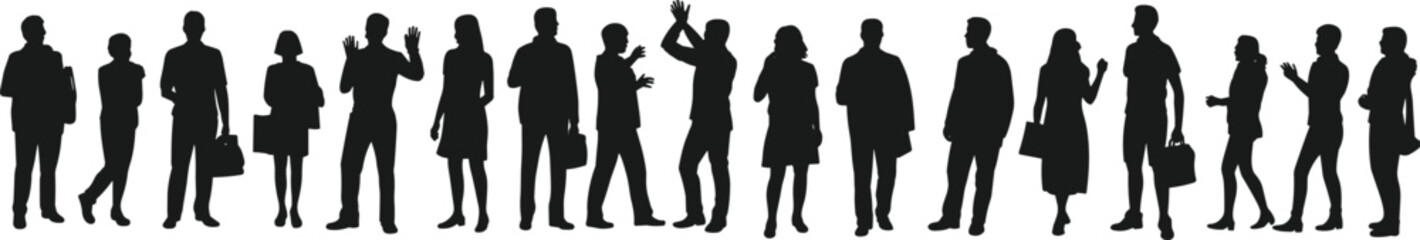 Black silhouettes of diverse people standing in a row, men and women in casual clothing, community group, crowd, and social collection.