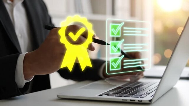 Digital Business Verification and Quality Assurance Concept with Hands Typing on Laptop and Motion Graphics of Certification Checklist