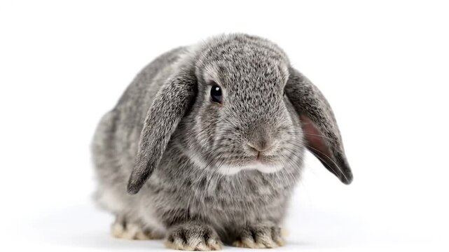 Close-up of a gray lop-eared bunny on a white background, focused and upright