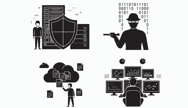 IT Security and Cloud Data Protection Concept with Cybersecurity Professional and Server Flat Vector Illustration