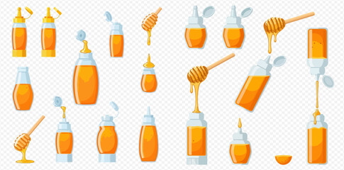 Set of various honey bottles and dippers, with dripping honey, isolated on a transparent background. © ArtLuna Studio