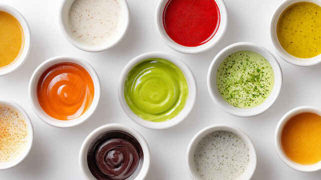 An assortment of colorful dipping sauces in small white bowls on a white surface
