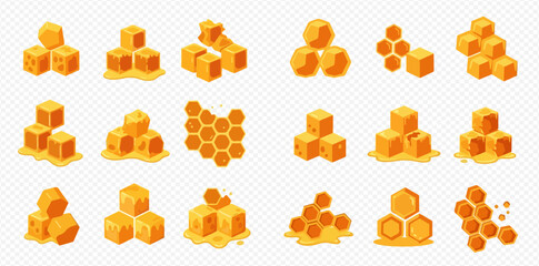 Set of honeycombs and honey cubes in various shapes and arrangements, isolated on a transparent background. © ArtLuna Studio