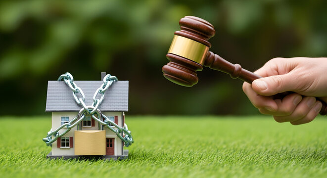 Gavel striking a locked and chained miniature house on green grass, symbolizing foreclosure