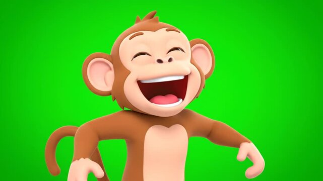 Cute animated monkey character laughing joyfully on a vibrant green screen background
