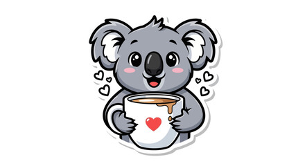 Fototapeta premium Cute Koala Holding Coffee Cup with Heart, Kawaii Cartoon Sticker