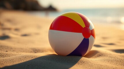 Obraz premium A colorful beachball rests on the warm sand near the ocean waves during a sunny summer day