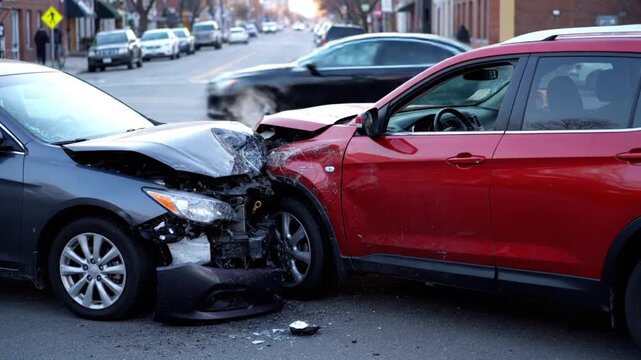 Car Accident Scene with Two Vehicles Collided at a City Street Intersection with Visible Frontal Damage