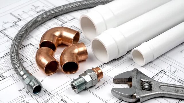 Professional Plumbing Tools and Materials Like Copper Fittings and PVC Pipes Arranged on Top of Architectural Blueprints for Construction