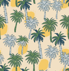Obraz premium tropical palm tree seamless pattern design in vector graphic. summer vibes background. hand drawing print design. sunset sun graphic design. tee t-shirt sweatshirt clothing fabric print 