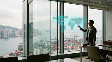 Executive in a high-rise office interacts with a holographic world map, overlooking a busy container port and city skyline.