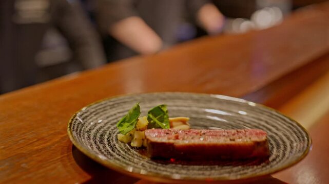 A gourmet dinner at a restaurant. Gastronomic food and dishes. Decorations and sophistication of signature dishes from the chef. Food as art. Bright colors of the dishes.